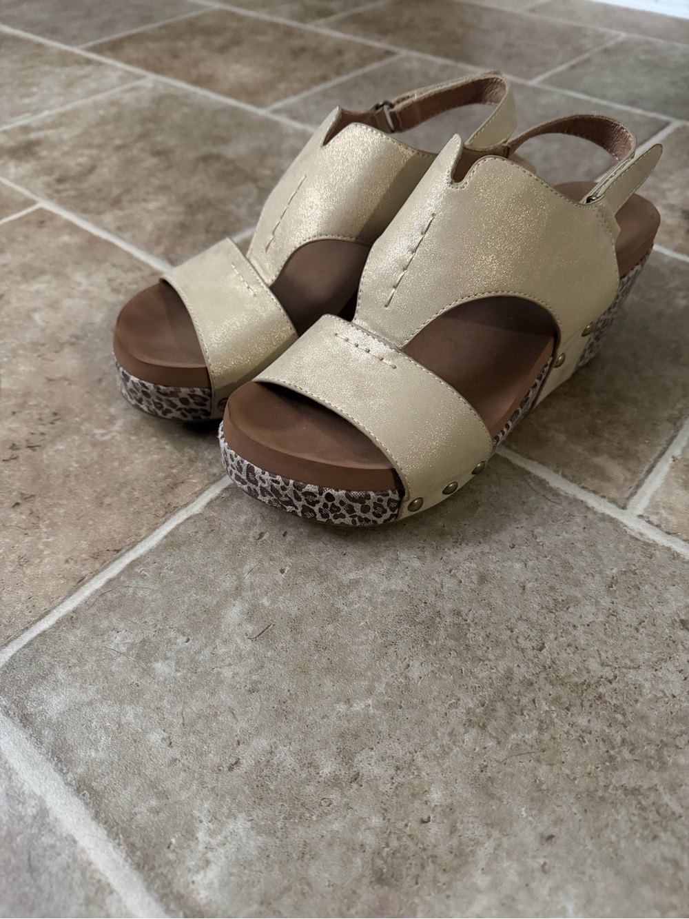 Corkys Metallic Gold Wedge Sandals with Leopard-Print Platform